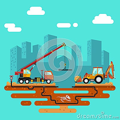 Construction process, city landscape Vector Illustration