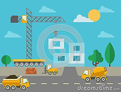 Construction process with construction machines Vector Illustration