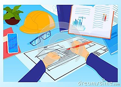 Construction project workplace at architect table vector illustration. House plan with tools, smartphone and book Cartoon Illustration