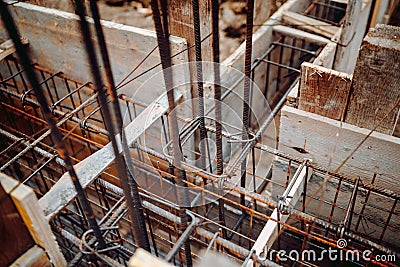 Construction rebar steel work reinforcement in concrete structure of building. Steel rods used in construction sites Stock Photo