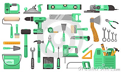 Construction repair tools set. Branded elite toolkit drill green drill angle grinder hand saw. Vector Illustration