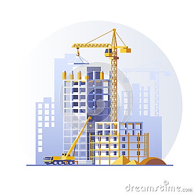 Construction of residential houses. Construction site concept design. Flat style vector illustration. Vector Illustration