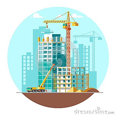 Construction of residential houses. Construction site concept design. Flat style vector illustration. Vector Illustration