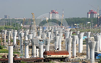 Construction of ring roads, concrete pillars. Stock Photo