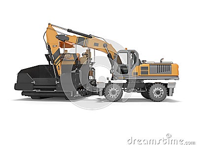 Construction road machinery loading wheeled excavator on an asphalt paver 3d rendering on white background with shadow Stock Photo