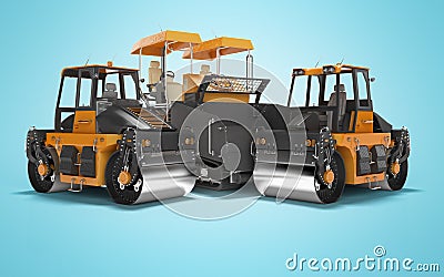 Construction road machinery two road roller and paver 3d rendering on blue background with shadow Stock Photo