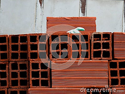 Construction rubber glove with a finger pointing over a pile of mud bricks on a construction site Stock Photo