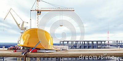 Construction safety equipment with cranes in front of the unfinished building Stock Photo