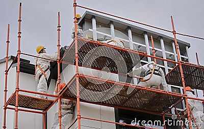 Construction scaffolding on the front of the building. Stock Photo