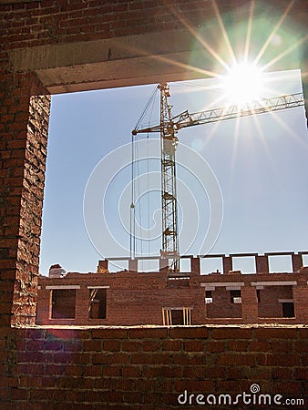 Construction of a school building in the Kaluga region of Russia. Stock Photo