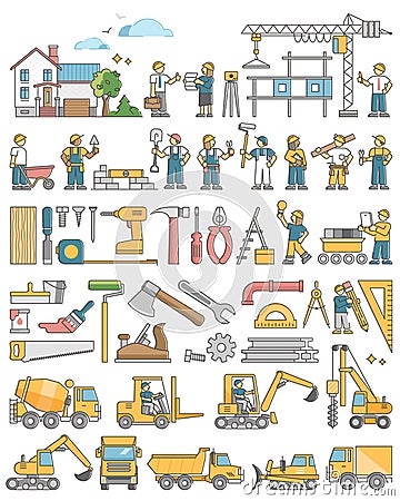 Construction set tools, instruments and equipment collection outline concept Vector Illustration