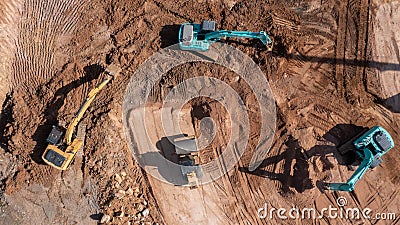 Construction site, Aerial top view road roller and loader excavator tractor and soil grade car earthmoving at work, Heavy Stock Photo