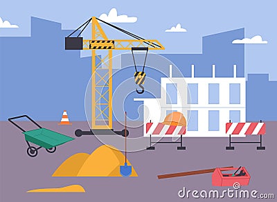 Construction site. Building crane, fencing and cone. Heaps of sand and wheelbarrow, tools and equipment for renovation Vector Illustration