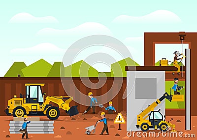 Construction site. The construction of the building. Isolated elements. Builders are doing their job. Front loaders and Vector Illustration