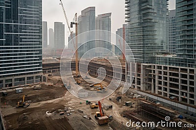 Construction site bustling with activity as cranes, bulldozers, and workers build a high-rise building Stock Photo