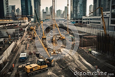 Construction site bustling with activity as cranes, bulldozers, and workers build a high-rise building Stock Photo