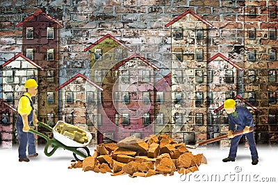 Construction site concept with miniatures of construction workers against Stock Photo