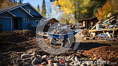 Construction site in contryside with a wheelbarrow full of stones and rubble Stock Photo