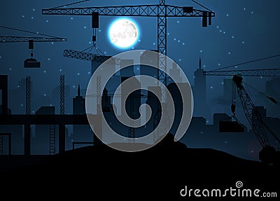 Construction site with cranes on night sky and moon Vector Illustration