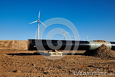 Construction site of the European natural gas pipeline EUGAL near Wrangelsburg (Germany) on 16.02.2019, this pipeline begins in Editorial Stock Photo