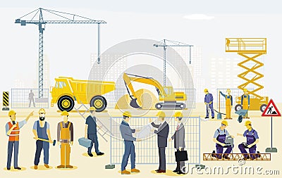 Construction site with excavator, handyman and architect illustration Vector Illustration