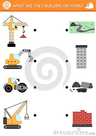Construction site matching activity with special technics and the objects they are fixing or building. Building works puzzle, game Vector Illustration