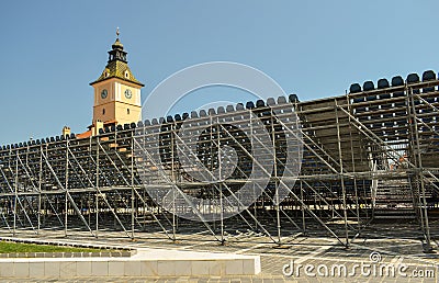 Construction site scaffolding for concert golden stag festival tribune in Brasov Stock Photo