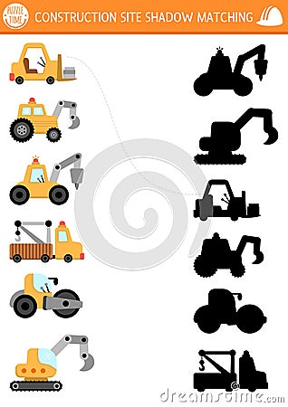 Construction site shadow matching activity with special transport, vehicles. Building works puzzle with roller, digger, excavator Vector Illustration