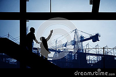 Construction site silhouette people, business, crane, design by architecture Stock Photo