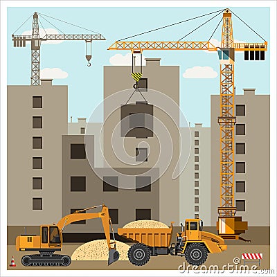 Construction site with equipment Vector Illustration