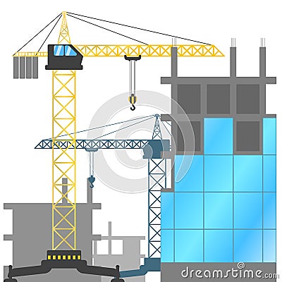 Construction site with tower cranes and buildings under construction. Vector illustration of the construction of houses. Vector Illustration