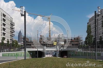 Construction site tunnel overbuilding in the new district of Frankfurt am Main, Europaviertel Editorial Stock Photo