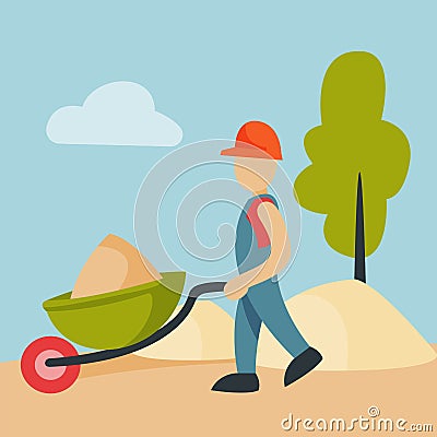 Construction site worker handcart industry equipment architecture building business development vector illustration. Vector Illustration