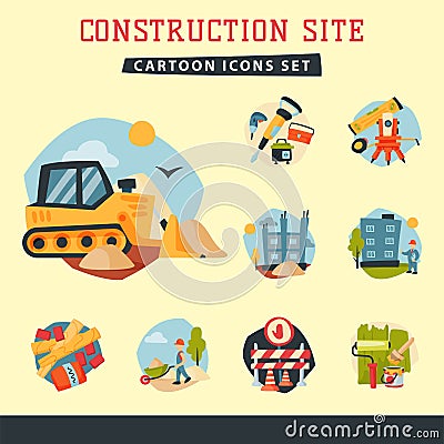 Construction site workers aerial industry equipment architecture crane building business development vector illustration Vector Illustration