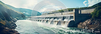 Construction of small hydroelectric power stations on mountain rivers. Generative AI Stock Photo