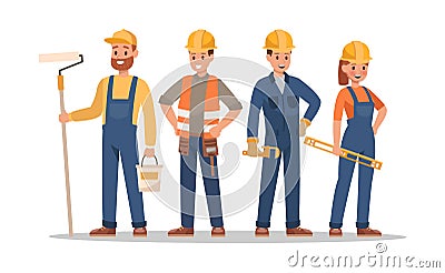 Construction staff characters design. Include foreman, painter, electrician, landscaper, carpenter. Professionals team Vector Illustration