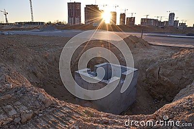 Construction of stormwater pits, sanitary sewer system distribution chamber and pump station. Sewerage manhole and pipes line Stock Photo