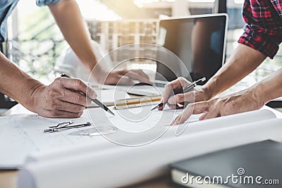 Construction and structure concept of Engineer or architect meeting for project working with partner and engineering tools on Stock Photo