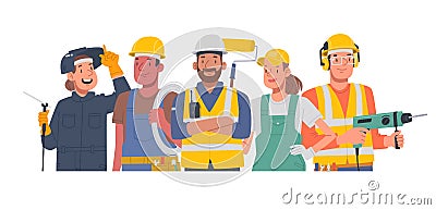 Construction team. Men and women of working professions. Painter, welder, electrician, mason, led by a foreman Cartoon Illustration