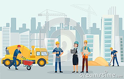 Construction team on site, builder, architect and contractor Vector Illustration