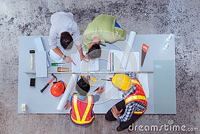 Construction team work, They`re talking about new project, Top v Stock Photo