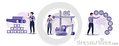 Construction technology innovation. Innovative construction materials, modern machinery, building information modeling. set flat Vector Illustration