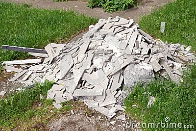 Construction tiles rubbish heap dump, brick debris garbage, outdoor Stock Photo