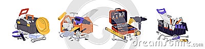 Construction toolkit set. Engineer's tools for builder: drill, helmet, saw, pry bar. Toolbox with different Vector Illustration