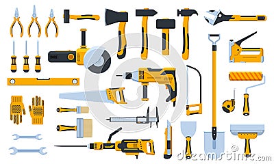 Construction tools. Building repair hand tools, renovation kit, hammer, saw, drill and shovel. Home repair tool vector Vector Illustration