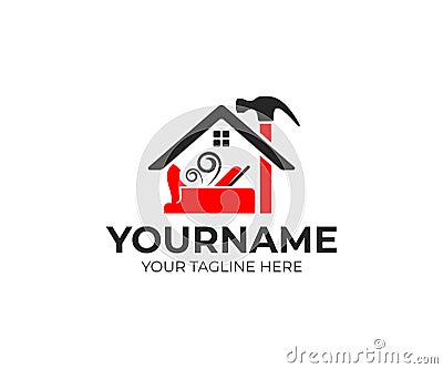 Construction and tools, carpenter or joiner plane, hammer and home, logo design. House building, real estate, repair and improveme Vector Illustration