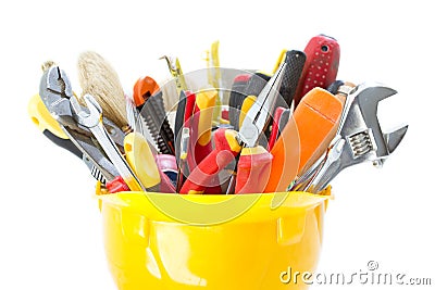 Construction tools in hard hat toolbox, hardware renovation, technical support Stock Photo