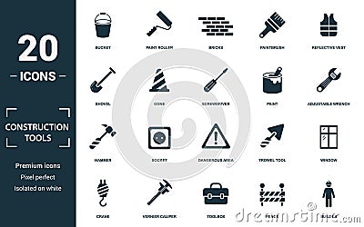 Construction Tools icon set. Monochrome sign collection with bucket, paint roller, bricks, paintbrush and over icons Vector Illustration