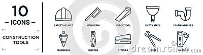 construction.tools linear icon set. includes thin line safety helmet, wedge tool, plumbing pipes, clipper, plier, pantone, plumb Vector Illustration