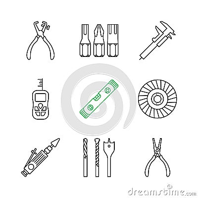 Construction tools linear icons set Vector Illustration